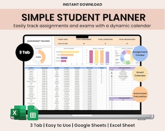 Student Planner Spreadsheet, School Assignment Tracker Google Sheets, Academic Study Template Spreadsheet, College Planner Spreadsheet