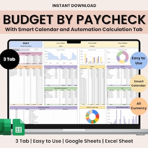 Op de afbeelding: Een laptopscherm toont een budgetspreadsheet met de titel "BUDGET BY PAYCHECK". De spreadsheet bevat grafieken, tabellen en de tekst "3 Tab | Easy to Use | Google Sheets | Excel Sheet". Het ontwerp heeft pastelkleuren en pictogrammen voor eenvoudige navigatie.