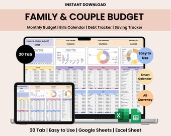 Family Couples Budget Spreadsheet for Household Expenses Kids and Family Monthly Annual Budget Google Sheets Excel Bill Debt Tracker Sheets