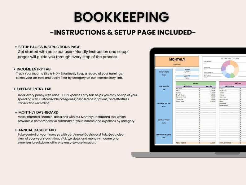 Bookkeeping Template for Small Business Easy Income Tracker | Expense Tracker | Accounting Spreadsheet for Google Sheets