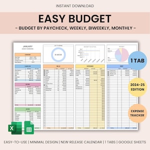 Easy Budget Planner per Google Sheet Foglio di calcolo del budget Budget settimanale/bisettimanale/stipendio/mensile, foglio Excel per il monitoraggio delle spese mensili