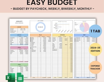 Easy Budget Planner for Google Sheet Budget Spreadsheet  Weekly | BiWeekly | Paycheck | Monthly Budget, Monthly Expense Tracker Excel sheet