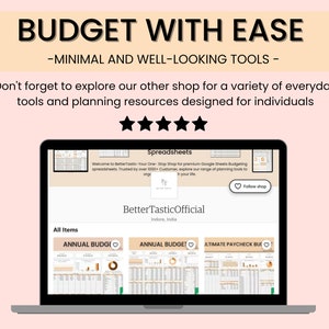 Puede incluir: Una pantalla de computadora port&aacute;til que muestra un sitio web de plantillas de presupuesto de Google Sheets. El sitio web se llama "BetterTastic" y ofrece una variedad de plantillas de presupuesto, que incluyen un presupuesto anual, un presupuesto mensual y un presupuesto de n&oacute;mina. El sitio web tambi&eacute;n incluye un bot&oacute;n "Seguir tienda".