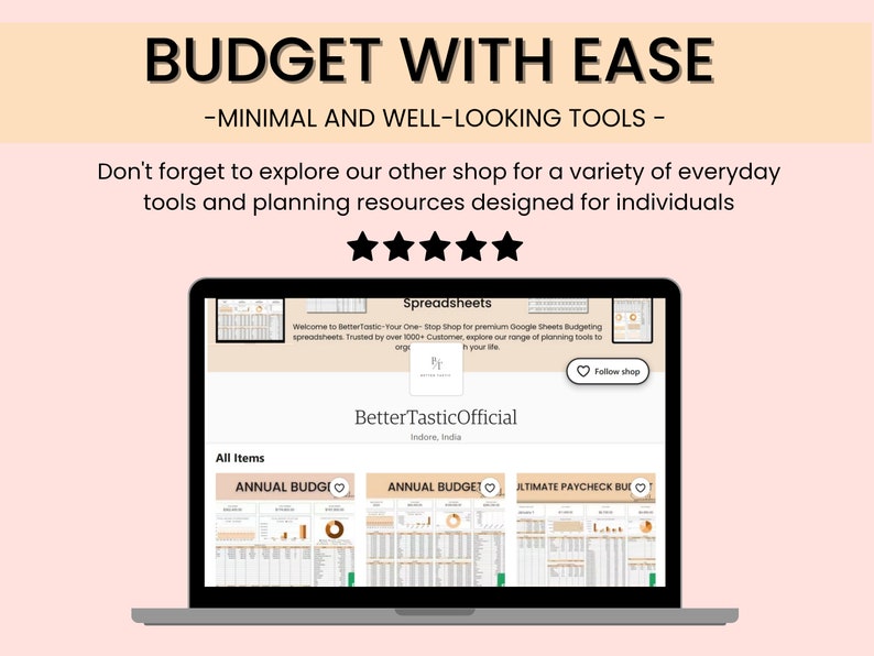 Puede incluir: Una pantalla de computadora port&aacute;til que muestra un sitio web de plantillas de presupuesto de Google Sheets. El sitio web se llama "BetterTastic" y ofrece una variedad de plantillas de presupuesto, que incluyen un presupuesto anual, un presupuesto mensual y un presupuesto de n&oacute;mina. El sitio web tambi&eacute;n incluye un bot&oacute;n "Seguir tienda".