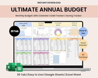 Ultimate Annual Budget Spreadsheet Excel Google Sheets Budget Template Monthly Budget Tracker Financial Planner Bill Tracker Debt Tracker