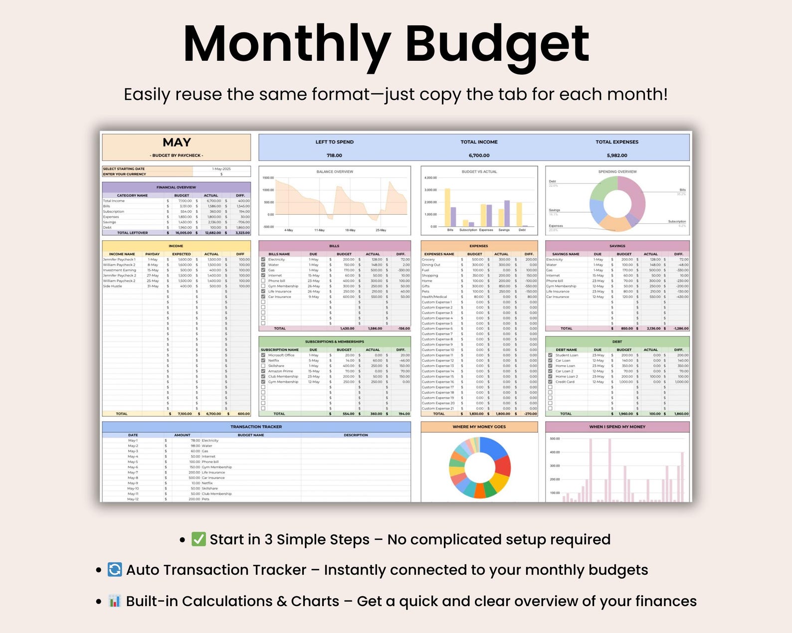 Ultimate Budget by Paycheck Google Sheets Spreadsheet Excel Monthly ...