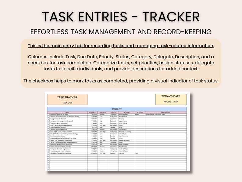 Work Task Management Note Keeping To Do List, Task Tracker, and Productivity Planner for Excel - Daily ...