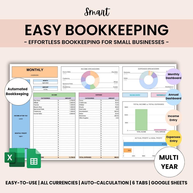 Bookkeeping Template for Small Business Easy Income Tracker | Expense Tracker | Accounting Spreadsheet for Google Sheets