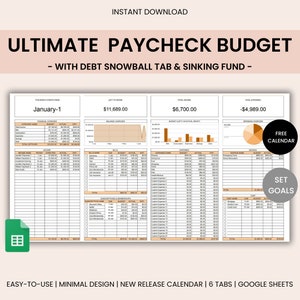 Ultimate Budget by Paycheck Spreadsheet Google Sheets Planner Monthly Weekly Biweekly Semi Monthly 50/30/20 Financial Tracker Template
