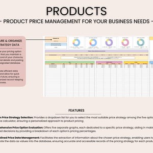 May include: A spreadsheet with a colorful chart and a table with rows and columns. The spreadsheet is titled "Products" and "Product Price Management for Your Business Needs". The spreadsheet includes a section titled "Easily Capture & Organize Pricing Strategy Data" and a section titled "Features".