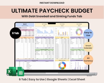 Ultimate Budget By Paycheck Google Sheets Spreadsheet Excel Monthly Budget Paycheck Budgeting Paycheck Expense Tracker Financial Planner