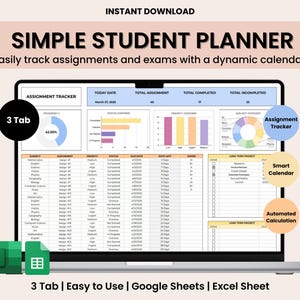 Student Planner Spreadsheet, School Assignment Tracker Google Sheets, Academic Study Template Spreadsheet, College Planner Spreadsheet