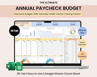 Ultimate Paycheck Budget Spreadsheet | Annual Paycheck Planner | Google Sheets & Excel Budget Template | Monthly Bills Savings Debt Tracker