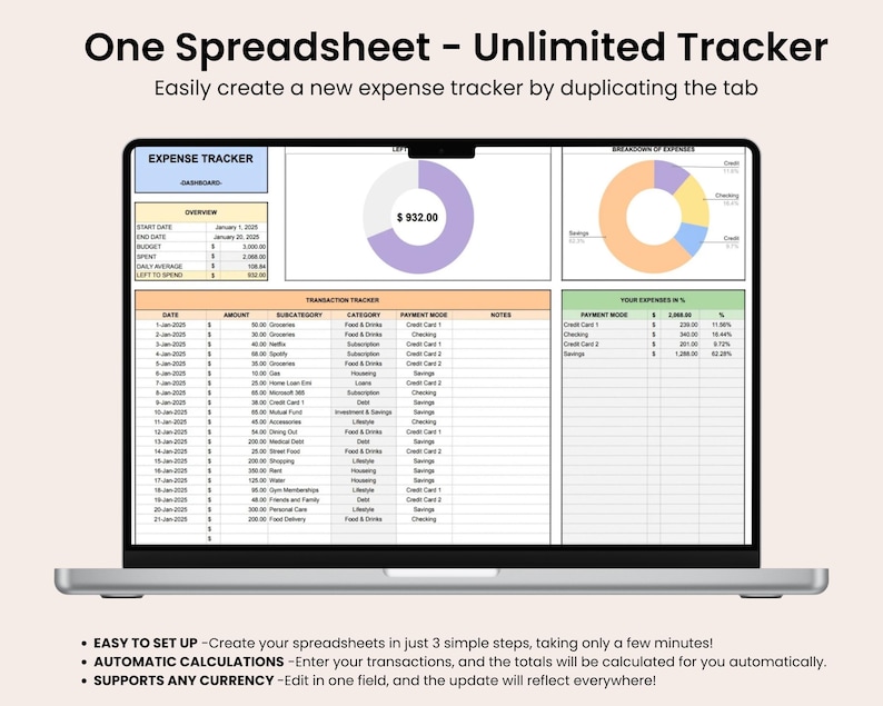 Simple Expense Table Expense Tracker Spreadsheet for Google Sheets, Expense Tracker Template ...
