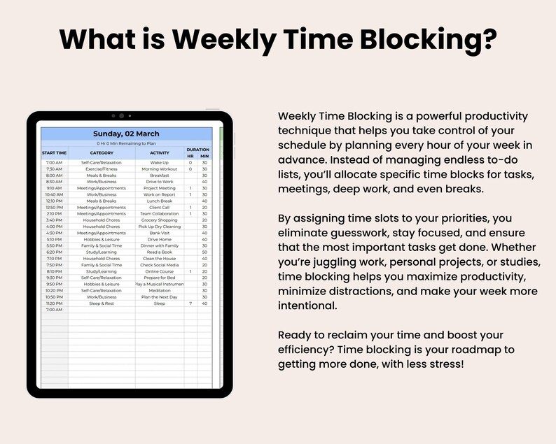 Weekly Time Blocking Planner Spreadsheet 24 Hour Weekly Schedule ...