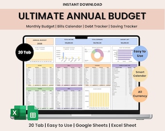 Ultimate Annual Budget Spreadsheet Excel Google Sheets Budget Template Monthly Budget Tracker Financial Planner Bill Tracker Debt Tracker