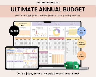 Ultimate Annual Budget Google Sheets Budget Template Monthly Budget Tracker Financial Planner Bill Tracker Debt Tracker Spreadsheet Excel