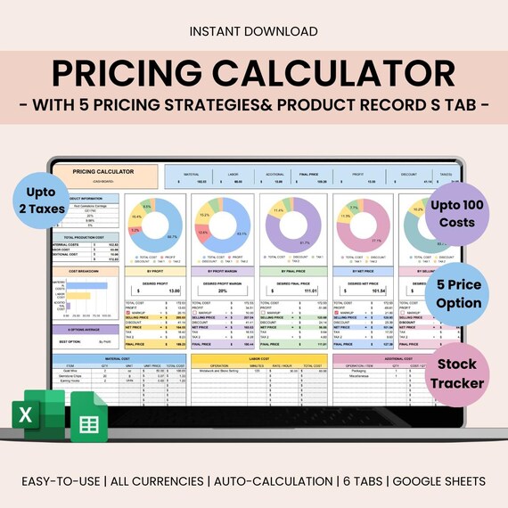 Price & Profit Calculator for Small Businesses with 5 Pricing Strategies and up to 2 Taxes | Price Guide | Price List Spreadsheet Template