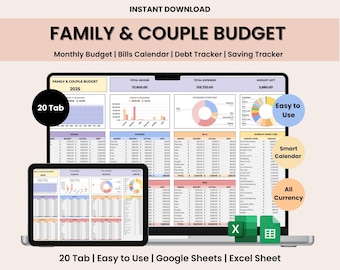 Family and Couples Budget Spreadsheet for Household Expenses Kids and Family Monthly Annual Budget Google Sheets Excel Bill Debt Tracker