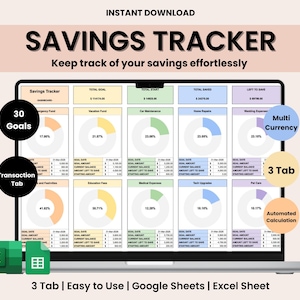 May include: A laptop screen displaying a savings tracker spreadsheet with 30 goals, a transaction tab, and automated calculations. The spreadsheet is designed for use with Google Sheets and Excel. The spreadsheet has a multi-currency feature and 3 tabs. The spreadsheet is displayed on a laptop with a white background.