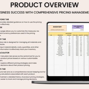 May include: A screenshot of a computer screen showing a spreadsheet with a product inventory list. The spreadsheet includes columns for SKU, description, measure, total cost, quantity, unit price, in stock, and minimum stock. The spreadsheet is titled "Inventory - Materials & Supplies Tracker".
