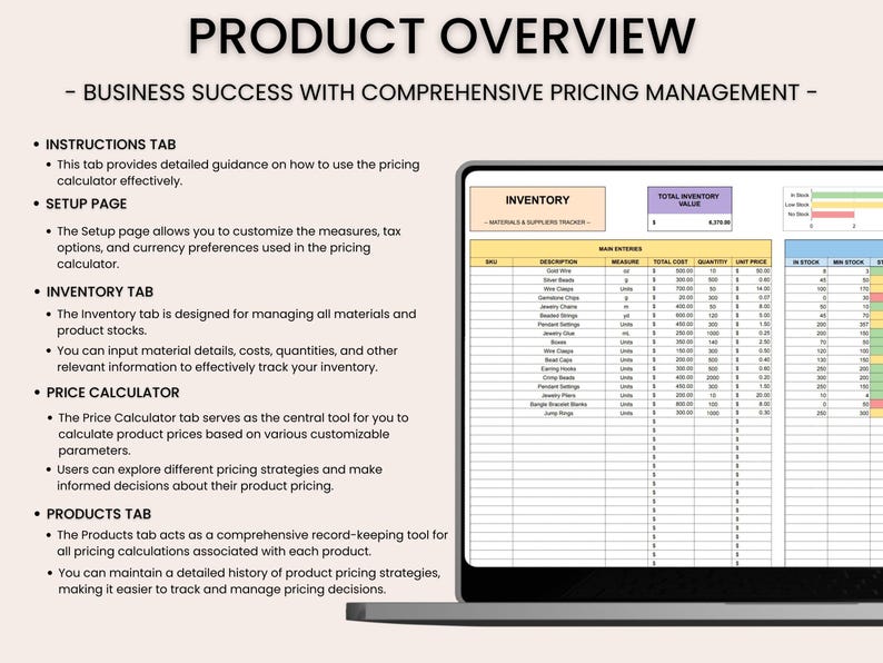 May include: A screenshot of a computer screen showing a spreadsheet with a product inventory list. The spreadsheet includes columns for SKU, description, measure, total cost, quantity, unit price, in stock, and minimum stock. The spreadsheet is titled "Inventory - Materials & Supplies Tracker".