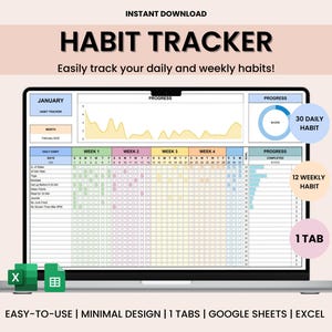 Habit Tracker spreadsheet for Google sheets, daily routine tracker template,, habit planner sheets, habit planner Google sheets