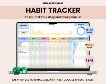 Habit Tracker spreadsheet for Google sheets, daily routine tracker template,, habit planner sheets, habit planner Google sheets