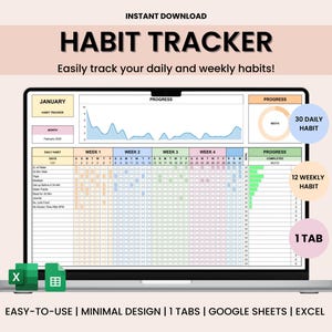 Habit Tracker Spreadsheet for Google Sheets, Daily Habit Planner, Weekly Habits, Goal Planner Dashboard, Digital Daily To Do List Template