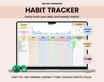 Habit Tracker Spreadsheet for Google Sheets, Daily Habit Planner, Weekly Habits, Goal Planner Dashboard, Digital Daily To Do List Template