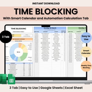 Könnte beinhalten: Ein Laptop-Bildschirm zeigt eine Tabellenkalkulation mit einer Zeitblockierungsvorlage. Die Tabellenkalkulation hat drei Registerkarten: "Zeitblockierung pro Woche", "Zeitverfolgung nach Kategorien" und "Automatisierungskalkulation". Die Tabellenkalkulation enthält ein Kreisdiagramm, das die Zeit zeigt, die für verschiedene Kategorien aufgewendet wurde, wie z. B. "Selbstpflege/Entspannung", "Arbeit/Geschäft", "Sport/Fitness", "Haushalt/Hausarbeiten", "Meetings/Termine", "Familie und Freizeit", "Hobbys/Freizeit", "Studium/Lernen", "Selbstpflege/Entspannung", "Schlaf/Ruhe" und "Arbeit/Geschäft". Die Tabellenkalkulation enthält auch eine Kalenderansicht für Sonntag, den 2. März, und Montag, den 3. März. Die Tabellenkalkulation ist mit "Zeitblockierung" und "3 Registerkarten | Einfach zu bedienen | Google Sheets | Excel-Tabelle" beschriftet.