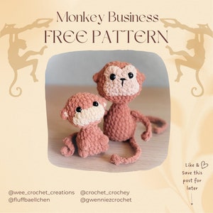May include: Two crocheted monkey plushies, one larger than the other, in a peachy pink color. The monkeys have black eyes and a brown nose. The image is on a light peach background with the text "Monkey Business FREE PATTERN" at the top.