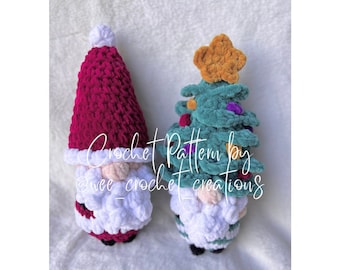 May include: Two crocheted Christmas ornaments, a red and white gnome and a green and white Christmas tree. The gnome has a white beard and a red hat. The tree has a yellow star on top and is decorated with colorful pom-poms. The text "Crochet Pattern by @wee_crochet_creations" is visible in the image.