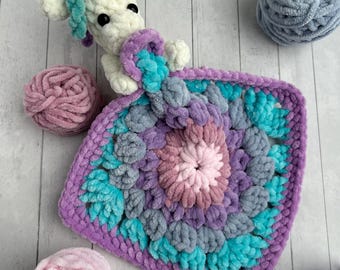 Low-sew unicorn lovey, interactive market toy, snuggler pattern, unicorn snuggler, baby crochet pattern, market make, no-sew unicorn plushie