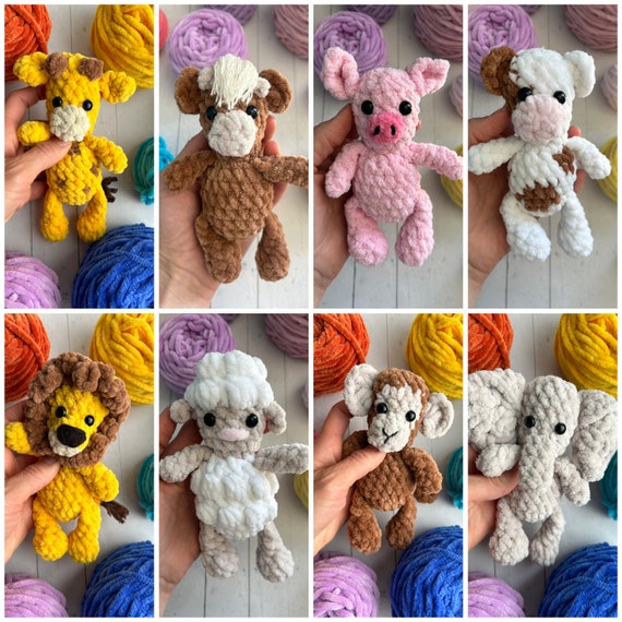 Farmyard and safari minis crochet pattern, lamb crochet, cow crochet, pig crochet, elephant crochet, giraffe crochet, lion, keychain crochet