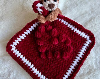 Romeo the teddy bear valentines lovey blanket crochet pattern, teddy bear keychain, no-sew bear crochet pattern, low-sew teddy lovey,