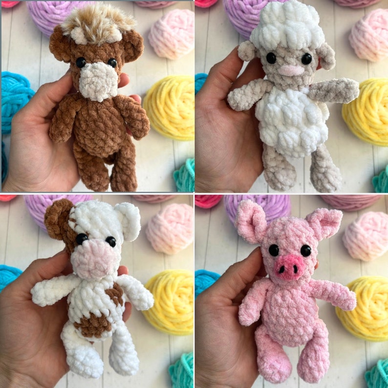 May include: Four crocheted stuffed toys: a brown cow, a white sheep, a white and brown cow, and a pink pig. The toys are all sitting on a colourful background of yarn.