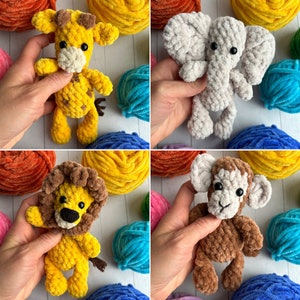 May include: Four crocheted stuffed animals: a yellow giraffe, a gray elephant, a yellow lion, and a brown monkey. The animals are all made with a soft, fuzzy yarn and have large, black eyes. They are sitting on a white surface with colorful yarn balls in the background.