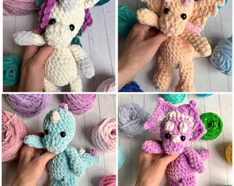 No sew unicorn, low sew dragon, low sew dinosaur crochet pattern bundle, mythical creature crochet bundle, unicorn dinosaur dragon amigurumi