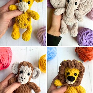 May include: Four crocheted stuffed animals: a yellow giraffe, a light pink elephant, a brown monkey, and a yellow lion with a brown mane. The animals are all made with a fuzzy yarn and have black eyes.