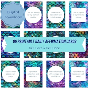 Mermaid Daily Affirmation Cards -96 Digital Self Love & Self Care Affirmations - US Letter / A4 PDFs + 96 JPEGs -Printable Inspiration Cards