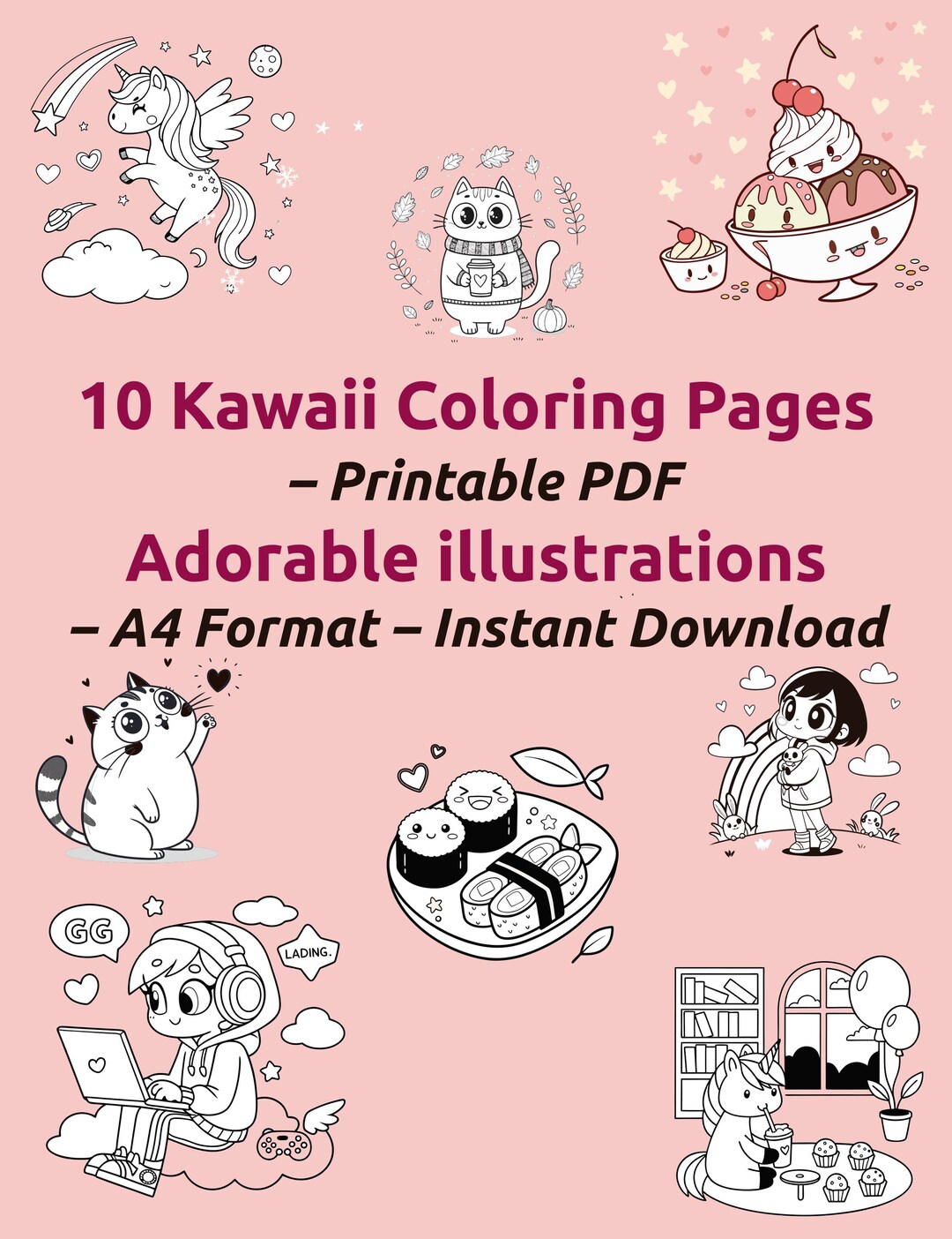 10 Kawaii Coloring Pages PDF Instant Download Printable A4 Art for Kids ...