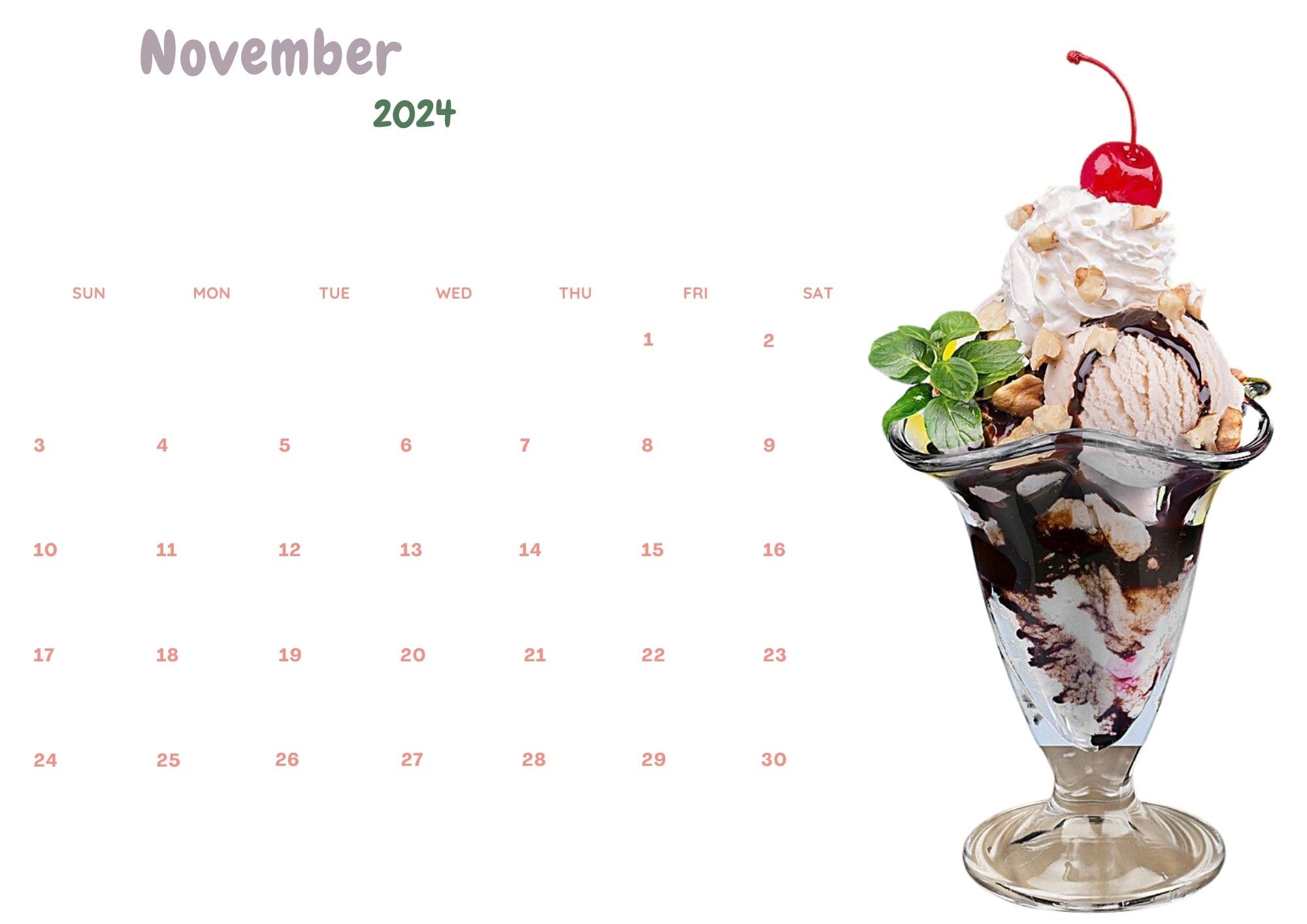 A4 Ice Cream Calendar 2024 Printable. 8.3x11 Etsy