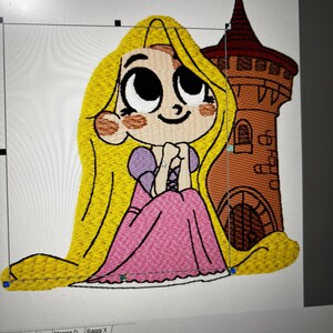 May include: An embroidered design featuring a cartoon princess with long yellow hair, a pink dress, and a purple bodice. A brown tower is behind her. The design is on a white background.