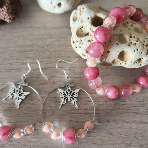 Parure boucles d'oreilles pendantes et bracelet Papillon