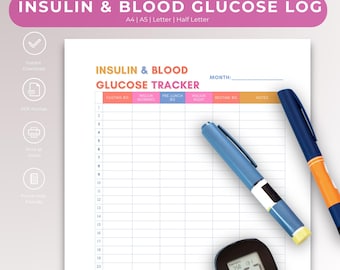 Registro mensual de glucosa e insulina, plantilla imprimible de seguimiento de glucosa, descarga instantánea en PDF, SOP, registro de planificación de diabetes, registro de insulina