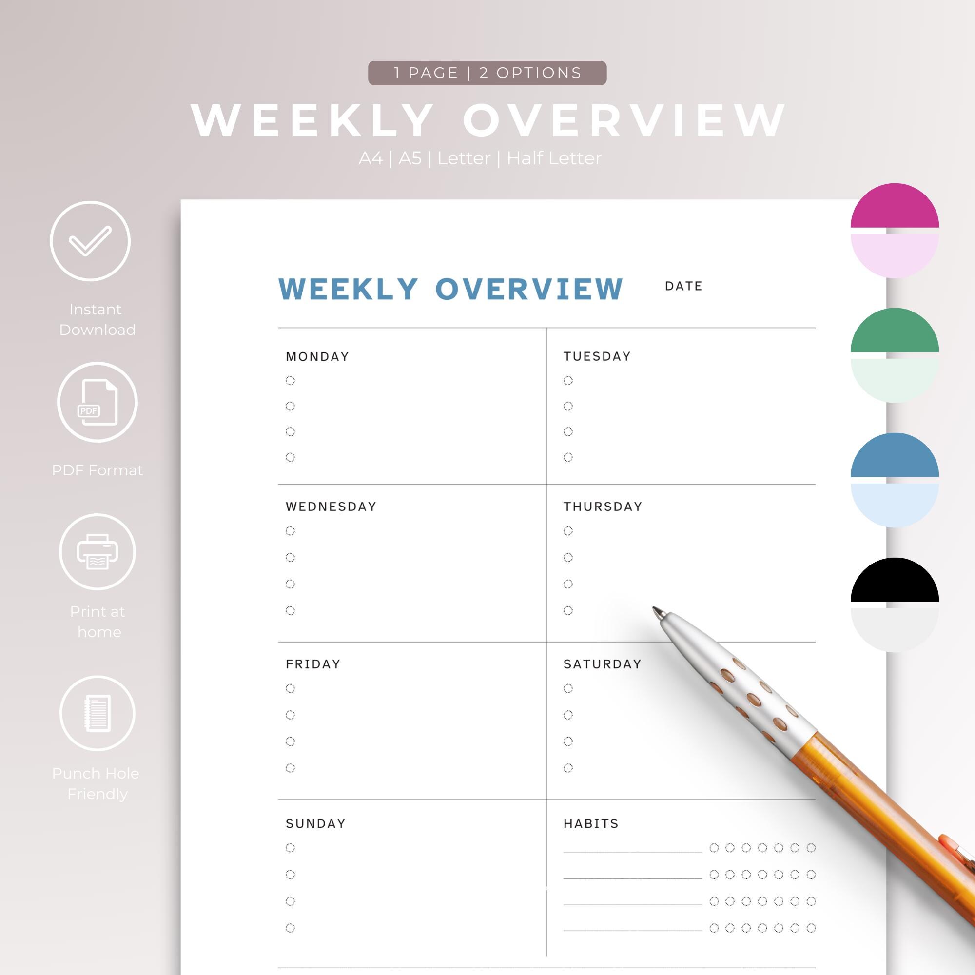 Printable Weekly Schedule Template, Instant Download PDF, Weekly ...