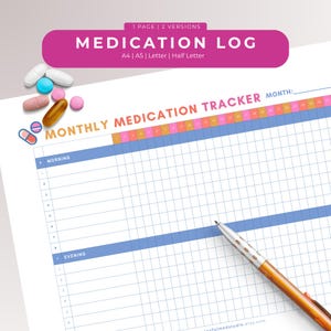 Colourful Monthly Medication Tracker, Printable Journal Page, Medicine Log, Landscape PDF, Pill Tracker, Meds Tracker, Medication Log Sheet.