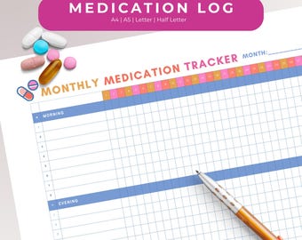 Colourful Monthly Medication Tracker, Printable Journal Page, Medicine Log, Landscape PDF, Pill Tracker, Meds Tracker, Medication Log Sheet.