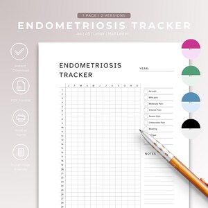 Pode incluir: Rastreador de endometriose imprimível com uma grade para rastrear os níveis de dor, inchaço e fadiga ao longo do mês. O rastreador inclui uma seção para notas e uma chave de cores para os níveis de dor.